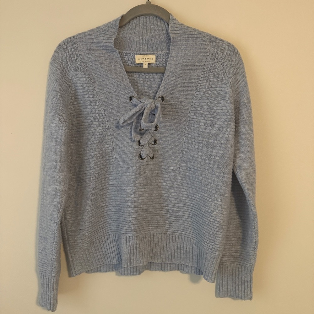 Lucky Brand Light Blue V-Neck Sweater tie front collar size small